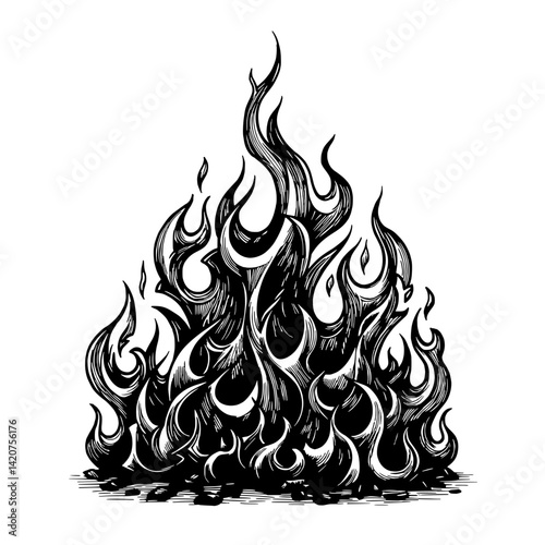 Blazing Inferno: A dramatic illustration depicting a fiery inferno, its flames reaching skyward with a sense of intensity and power.