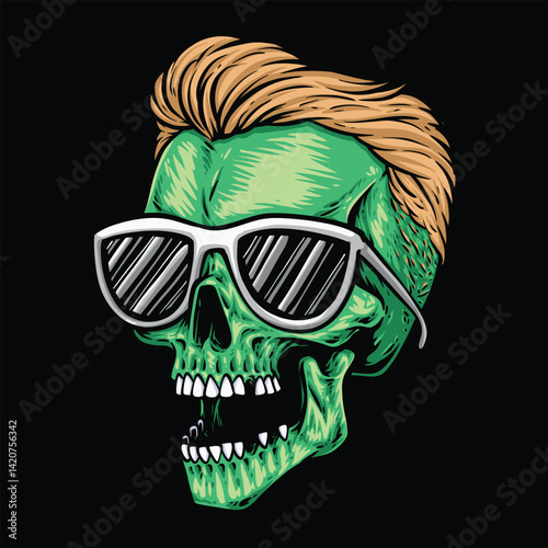 green zombie skull wear sunglasses head logo