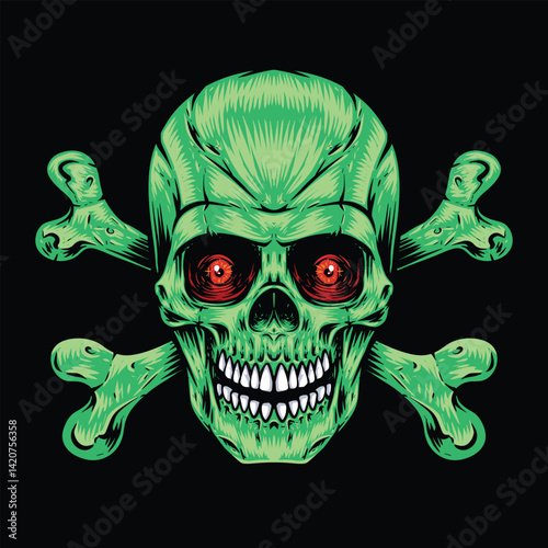 green skull zombie with cross bones logo