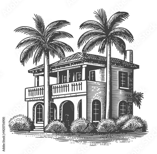 Detailed Hand-Drawn Engraving of a Tropical House Surrounded by Palm Trees
