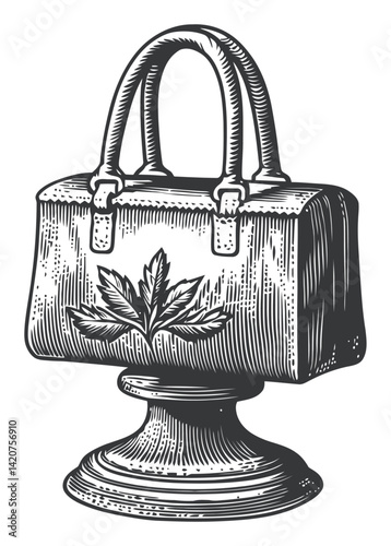 Vintage Hand-Drawn Engraving of a Classic Handbag with Leaf Design