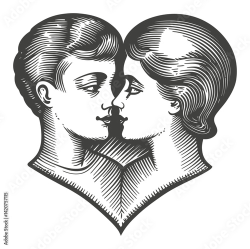 Vintage Hand-Drawn Illustration of Couple in Heart Shaped Design