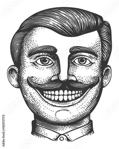 Vintage Hand-Drawn Engraving of a Smiling Gentleman with Mustache