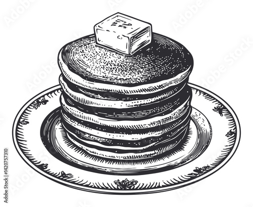 Hand-Drawn Engraving of Delicious Stack of Pancakes with Butter