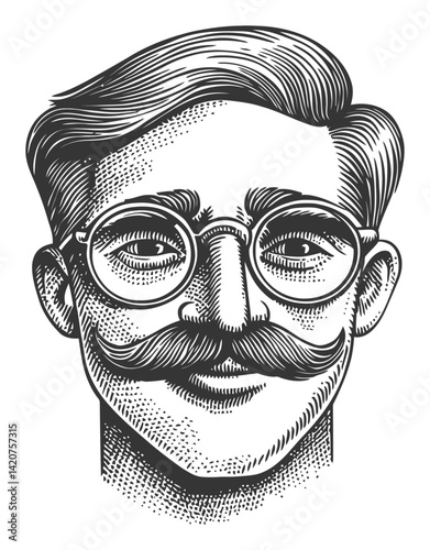 Hand Drawn Engraving of a Stylish Man with Glasses and Mustache