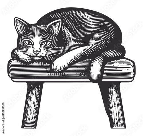 Hand-Drawn Engraving Illustration of Cat Resting on Bench