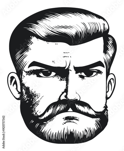 Vintage Hand-Drawn Portrait of a Strong Man with Mustache