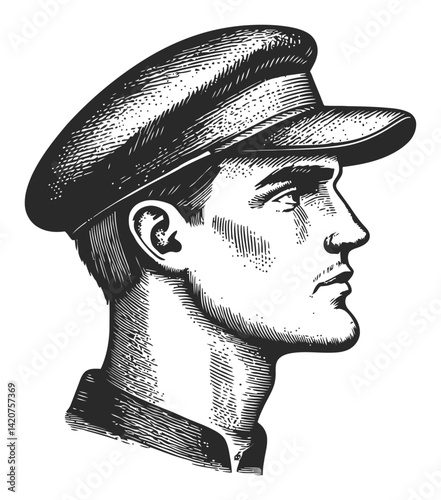 Detailed Hand-Drawn Engraving of a Vintage Male Officer Profile