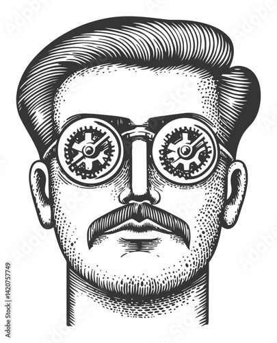 Vintage Hand-Drawn Engraving of a Male Figure with Goggles