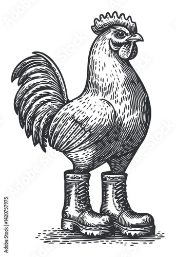Vintage Hand Drawn Engraving of Rooster in Rubber Boots Illustration