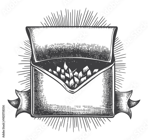 Vintage Hand Drawn Engraving of an Open Envelope with Contents