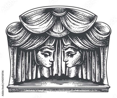 Hand-Drawn Engraving of Two Faces Behind a Curtain Illustration