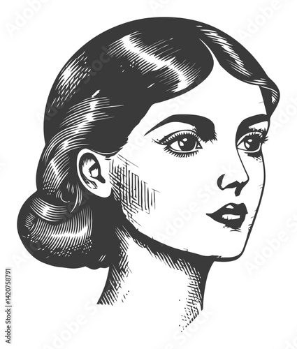 Detailed Hand-Drawn Engraving of Elegant Female Portrait in Profile