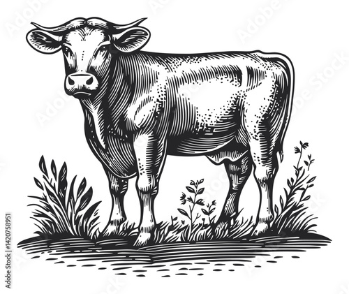Vintage Hand-Drawn Engraving of a Grazing Cow in a Pastoral Scene