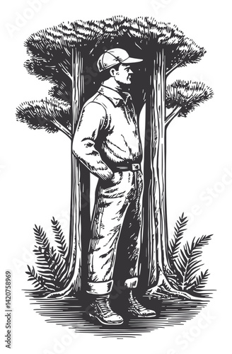 Hand-Drawn Engraving of a Man Standing Beside Trees in Nature