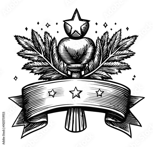 Hand-Drawn Vintage Engraving of Decorative Star and Banner