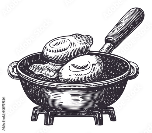 Hand Drawn Engraving of Frying Pan with Eggs and Bacon Illustration