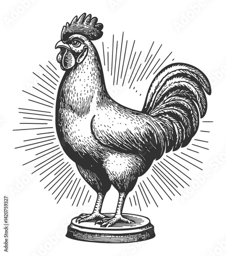 Vintage Hand-Drawn Engraving of a Rooster with Radiating Lines