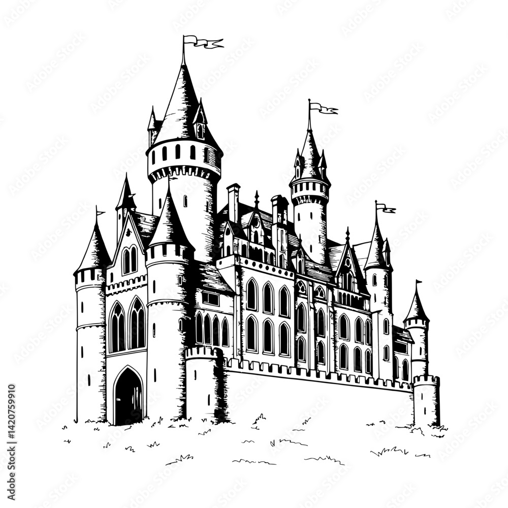 Fototapeta premium Majestic Castle Sketch: A detailed monochrome sketch of a grand castle, exuding a sense of history, mystery, and timeless beauty. Every architectural detail, from towers to turrets.