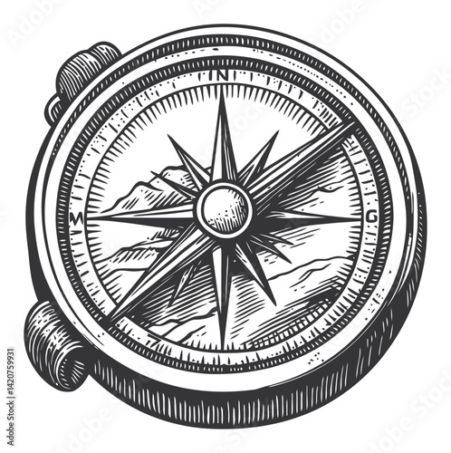 Vintage Hand-Drawn Compass Engraving with Intricate Details