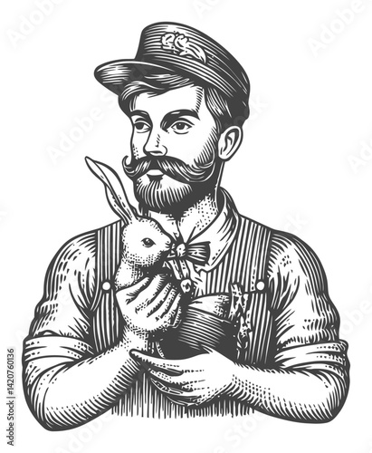 Vintage Hand-Drawn Illustration of Man with Rabbit and Plant