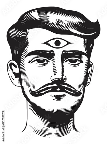 Vintage Hand-Drawn Illustration of a Man with Third Eye Concept