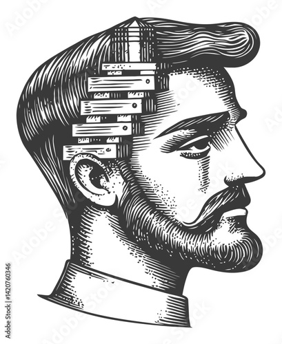 Hand-Drawn Engraving of a Man with Unique Hair Illustration