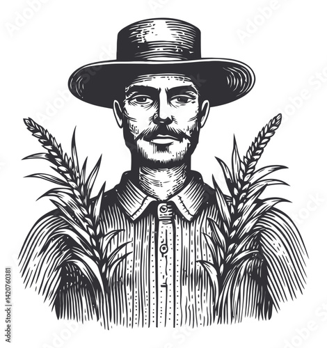 Detailed Engraving of a Hand-Drawn Farmer with Wheat Stalks
