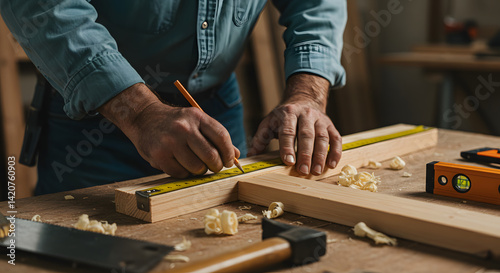 Skilled carpenter measuring wooden planks in a workshop, surrounded by tools and wood shavings, focused on precision