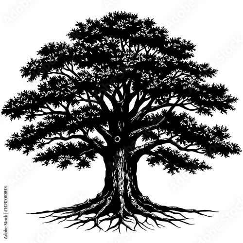 Ancient Oak Silhouette: A majestic oak tree silhouette stands as a testament to time, its strong branches reaching skyward against a dramatic backdrop.