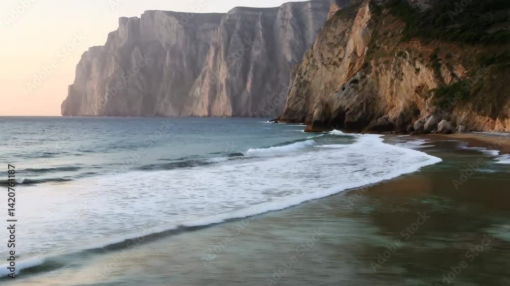 Stunning coastal cliffs and ocean waves at sunset Serene beach landscape
Stunning coastal cliffs and ocean waves at sunset Serene beach landscape