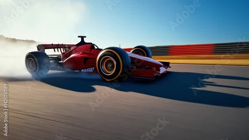 Sleek Red and Gold F1 Car Speeding on Racetrack Under Clear Sky