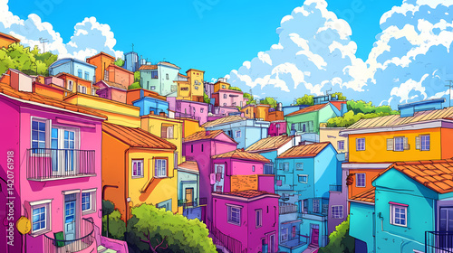 Colorful hillside town illustration