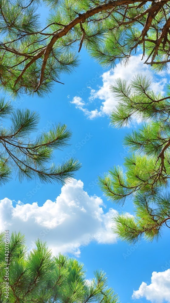 Lush Pine Branches Against Blue Sky with Fluffy Clouds Lush Pine Branches Against Blue Sky with Fluffy Clouds