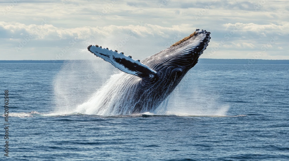 Fototapeta premium A massive whale breaches the surface of the ocean water