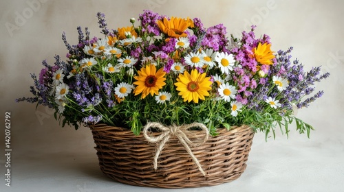 Wallpaper Mural A rustic wicker basket overflowing with colorful wildflowers, including daisies, sunflowers, and lavender, tied with a simple twine bow. Torontodigital.ca
