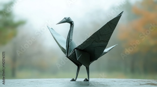 A piece of intricate origami art, a delicate paper crane, sitting on a clean white surface, sharp focus on the folds and details.