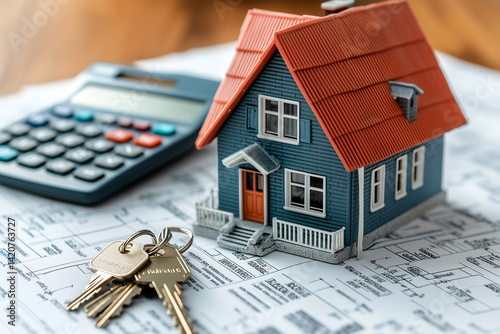 A model house with keys on blueprints and a calculator