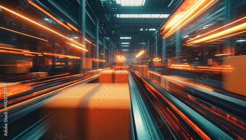 Fast-Paced Automated Warehouse:  Packages Zoom Along Conveyor Belts, Efficiently Delivering Goods Globally.