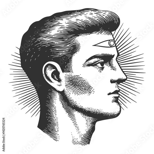 Hand Drawn Engraving of a Profile with Symbolic Third Eye