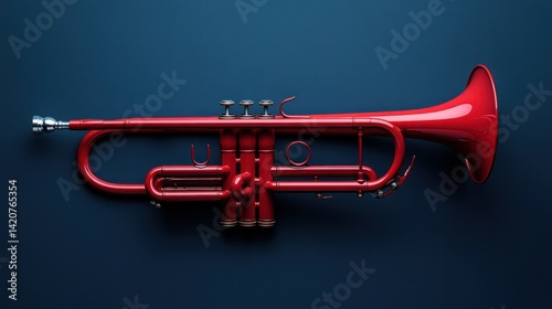 A vibrant red trumpet with its valves and tubing clearly defined, a mouthpiece nearby, sharp focus.