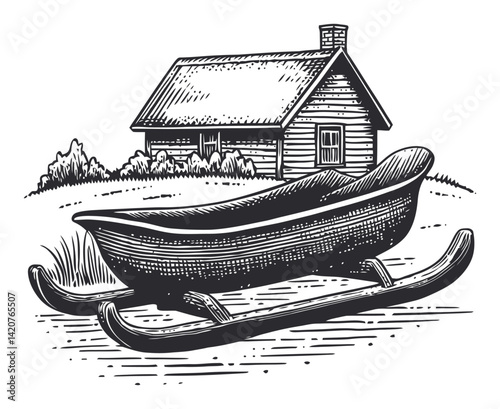 Vintage Hand Drawn Sleigh Near Rustic Cabin in Winter Landscape