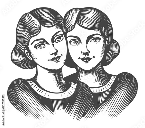 Hand Drawn Engraving of Two Intertwined Faces in Vintage Style