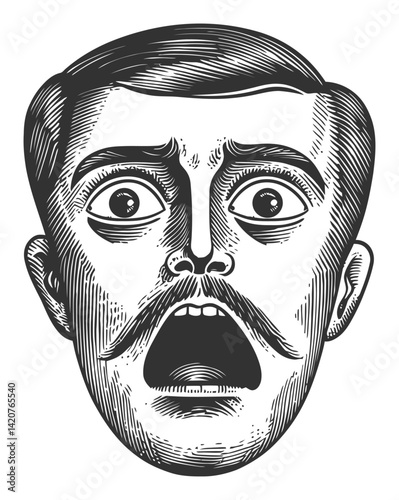 Vintage Hand-Drawn Black and White Engraving of Scared Man's Face