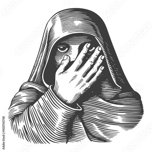 Hand-Drawn Engraving of a Cloaked Figure Covering Their Face