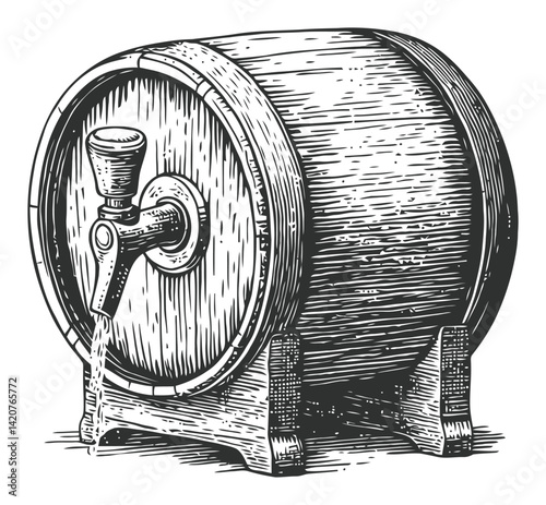 Vintage Hand Drawn Engraving of a Wooden Beer Barrel with Tap