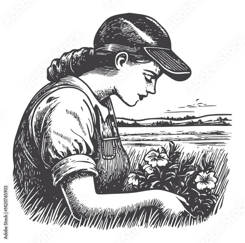 Hand-Drawn Engraving of a Woman Tending to Flowers in a Field