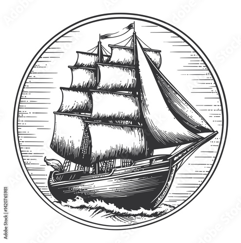 Hand-Drawn Engraving of a Vintage Sailing Ship on the Water