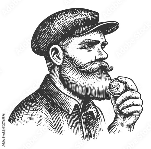 Detailed Hand-Drawn Engraving of a Thoughtful Man with Beard