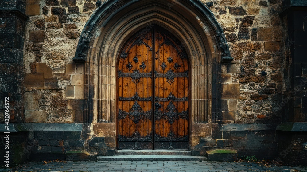 Fototapeta premium The entrance of a historic church, heavy wooden doors, intricate metalwork, a stone archway, inviting and solemn atmosphere.